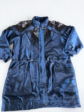 Vintage Blue Floral Trim Winter Coat Jacket Women M